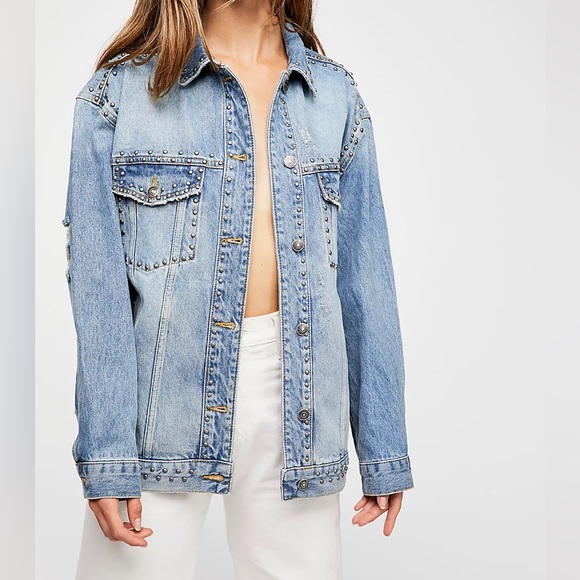 Free People Jackets & Blazers - Free People Studded Denim Trucker Jacket Oversized Size XS
